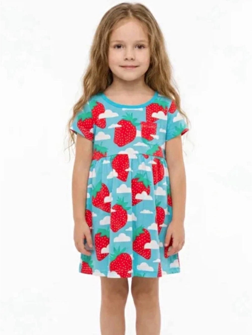 Mini Boden Girls 11-12Y Blue Strawberry Fit & Flare Dress Short Sleeve Pocket